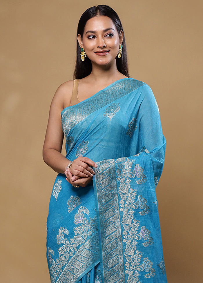 Blue Dupion Silk Saree With Blouse Piece