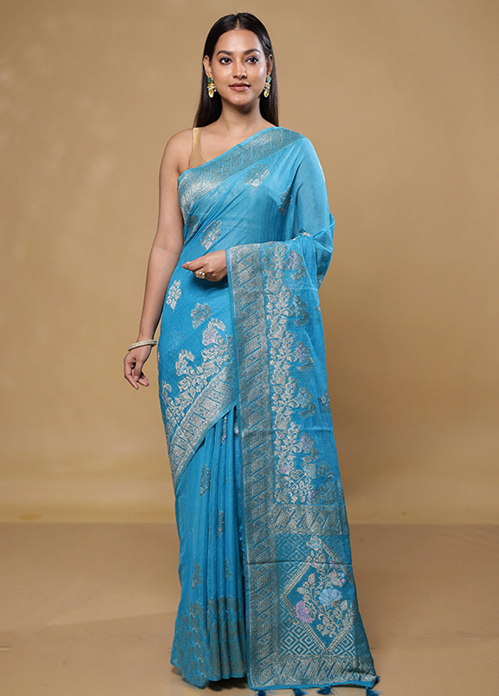 Blue Dupion Silk Saree With Blouse Piece