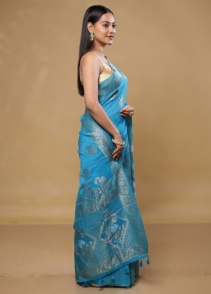 Blue Dupion Silk Saree With Blouse Piece