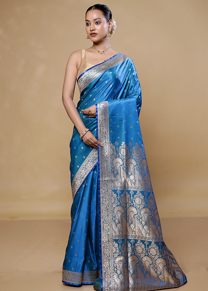 Blue Banarasi Silk Saree With Blouse Piece