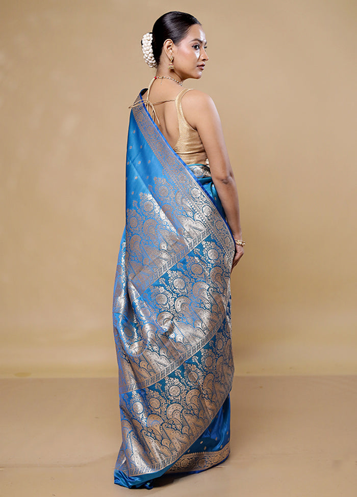 Blue Banarasi Silk Saree With Blouse Piece