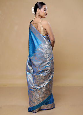 Blue Banarasi Silk Saree With Blouse Piece