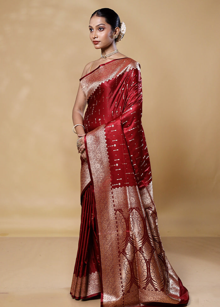 Maroon Banarasi Silk Saree With Blouse Piece