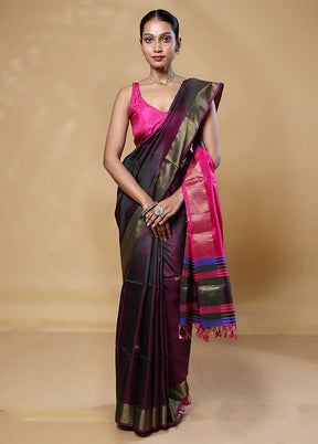 Violet Kalakshetra Kanjivaram Silk Saree With Blouse Piece