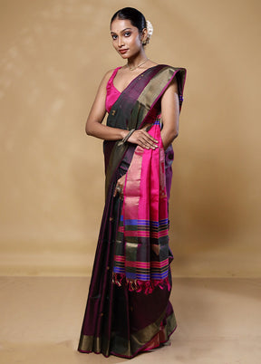 Violet Kalakshetra Kanjivaram Silk Saree With Blouse Piece