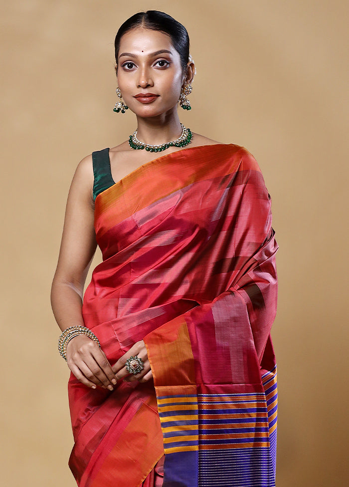 Rust Kalakshetra Kanjivaram Silk Saree With Blouse Piece