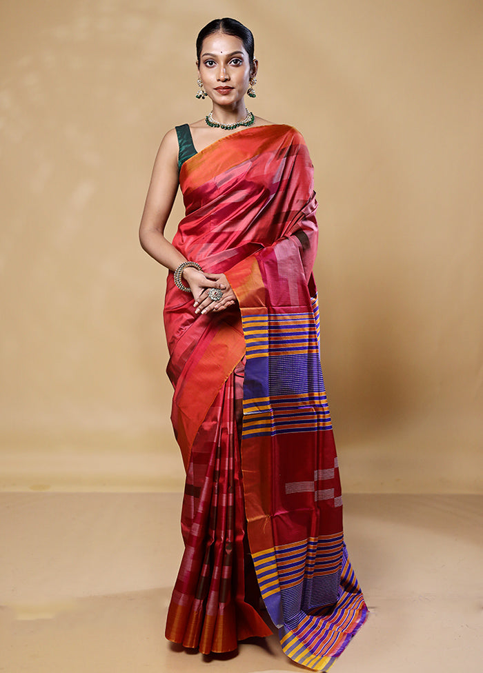 Rust Kalakshetra Kanjivaram Silk Saree With Blouse Piece