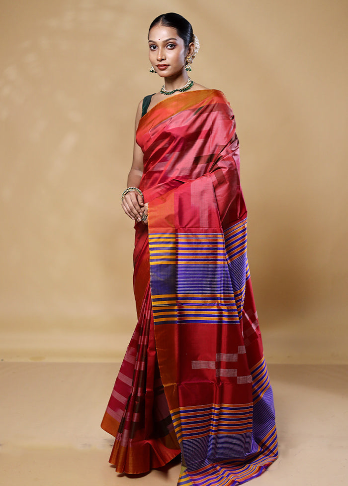 Rust Kalakshetra Kanjivaram Silk Saree With Blouse Piece