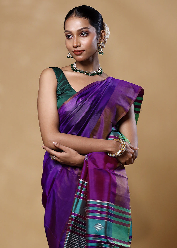 Violet Kalakshetra Kanjivaram Silk Saree With Blouse Piece