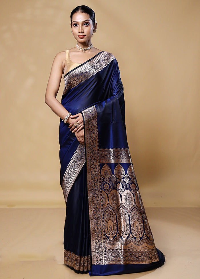 Blue Banarasi Silk Saree With Blouse Piece