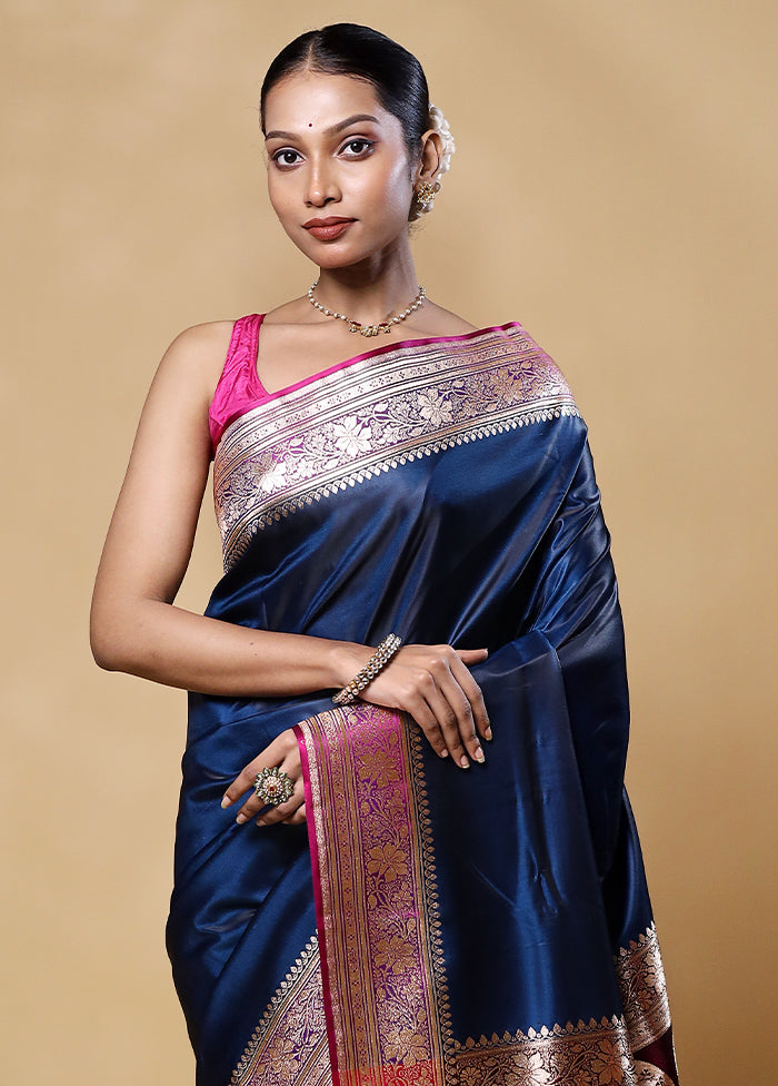 Blue Banarasi Silk Saree With Blouse Piece