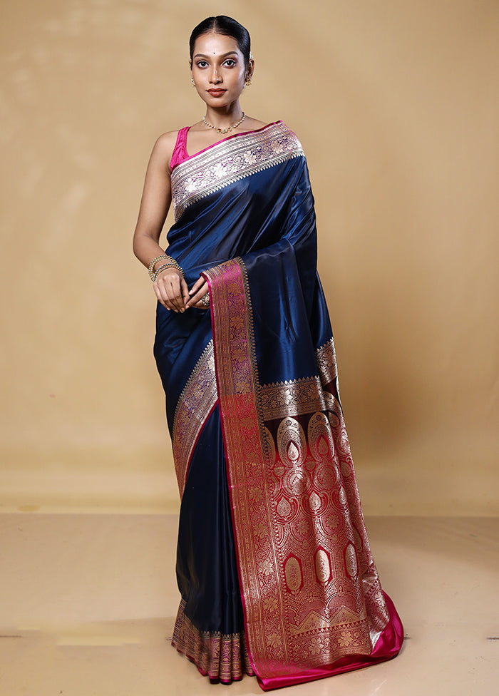 Blue Banarasi Silk Saree With Blouse Piece