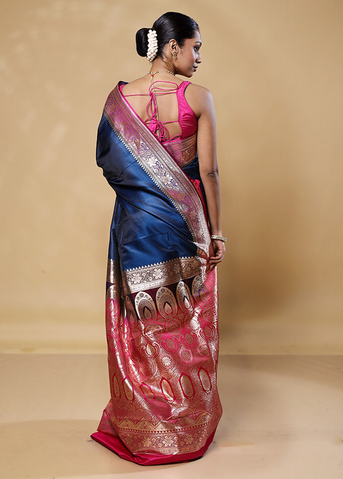 Blue Banarasi Silk Saree With Blouse Piece