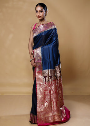 Blue Banarasi Silk Saree With Blouse Piece