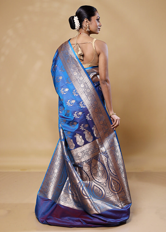 Blue Banarasi Silk Saree With Blouse Piece