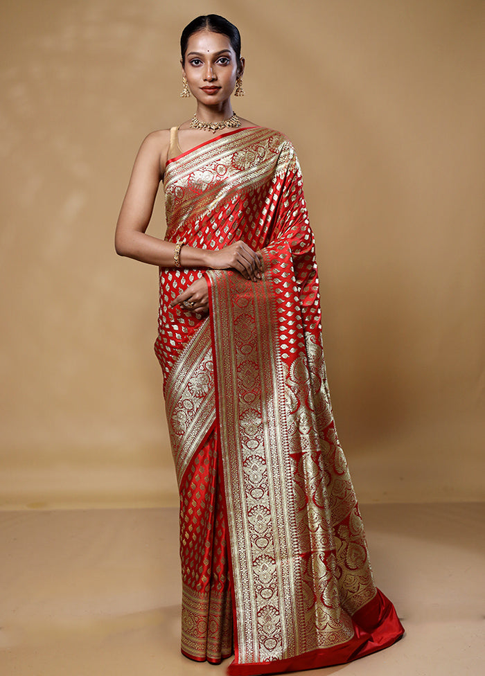 Red Banarasi Silk Saree With Blouse Piece