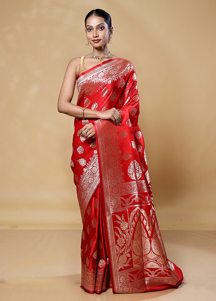 Orange Banarasi Silk Saree With Blouse Piece