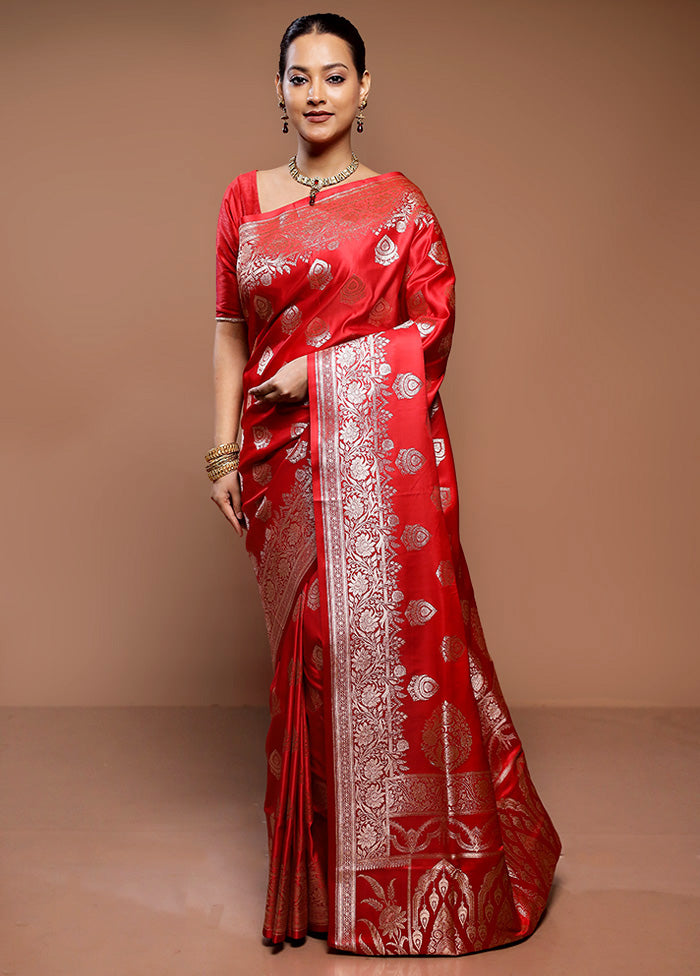 Red Banarasi Silk Saree With Blouse Piece