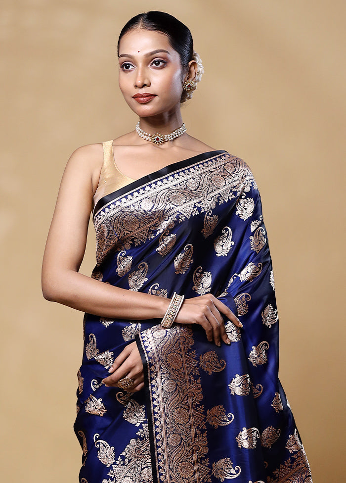 Blue Banarasi Silk Saree With Blouse Piece