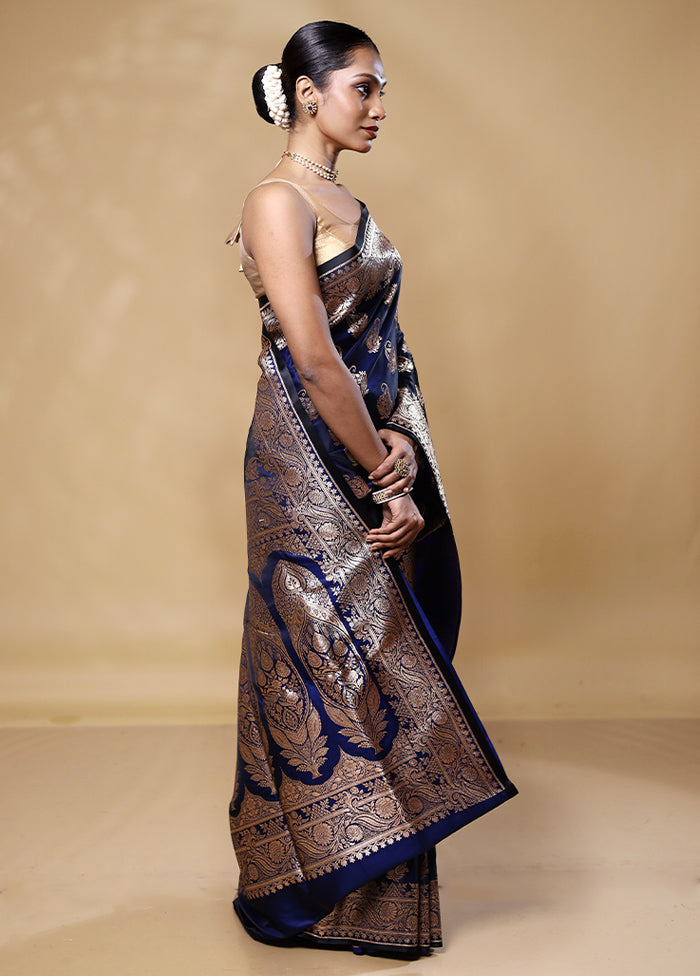 Blue Banarasi Silk Saree With Blouse Piece