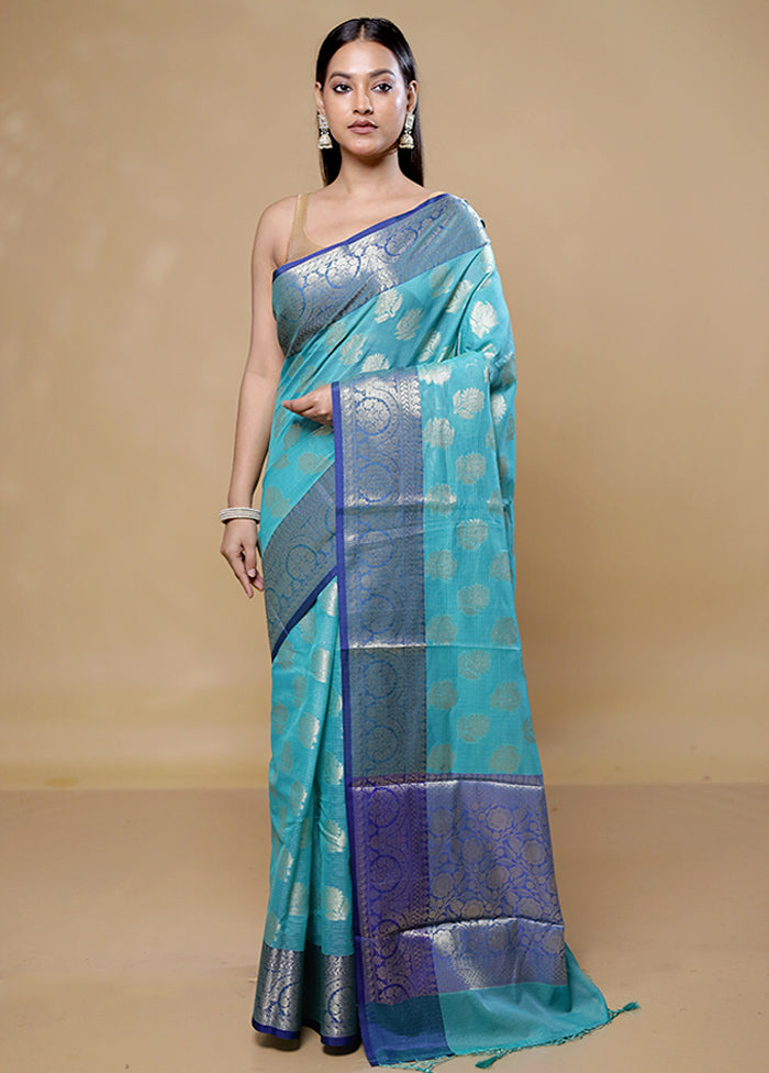 Green Kota Cotton Saree With Blouse Piece