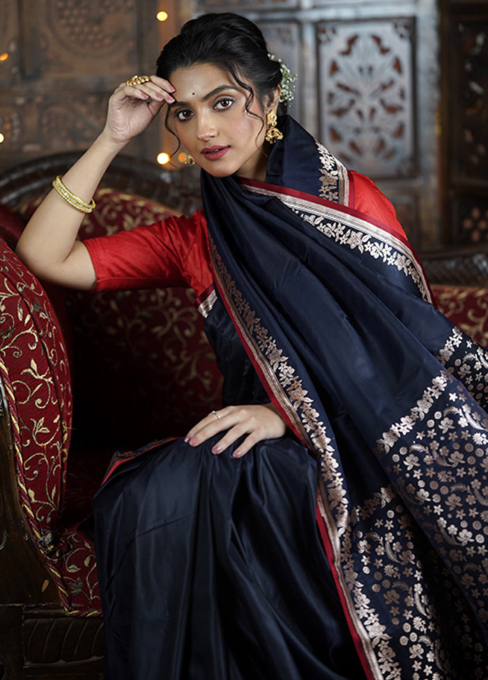 Black Banarasi Silk Saree With Blouse Piece