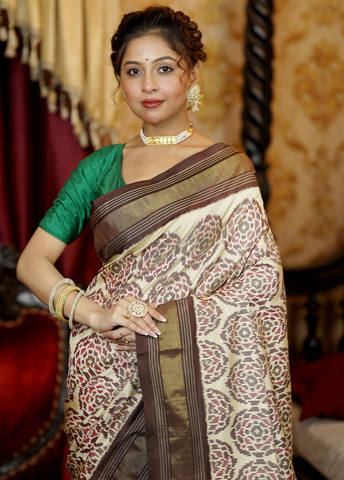 Cream Handloom Ikkat Pure Silk Saree With Blouse Piece