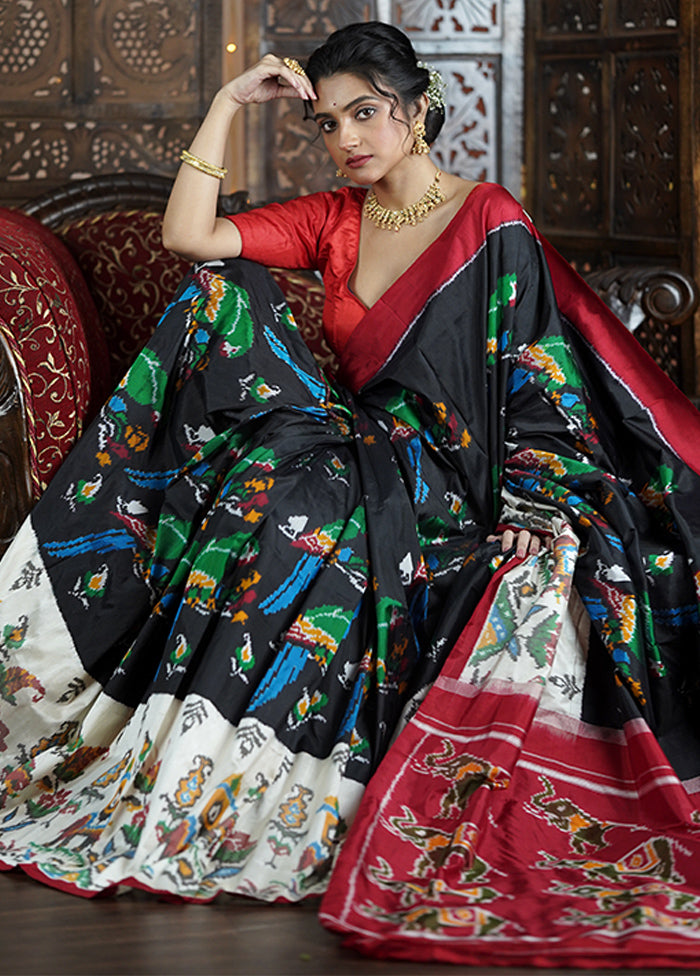 Black Handloom Ikkat Pure Silk Saree With Blouse Piece