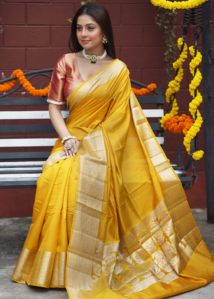 Yellow Dupion Silk Saree With Blouse Piece