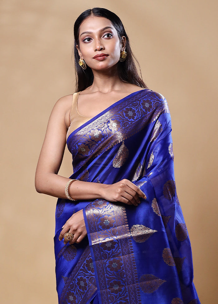 Blue Dupion Silk Saree With Blouse Piece