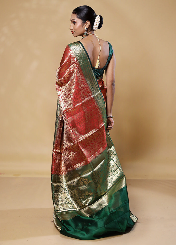 Rust Handloom Kora Pure Silk Saree With Blouse Piece