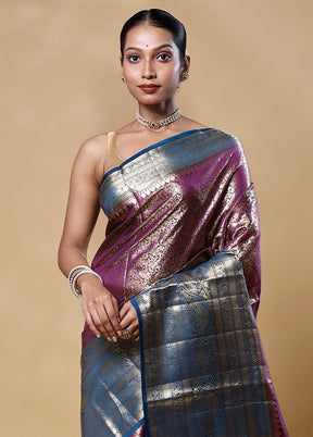 Violet Handloom Kora Pure Silk Saree With Blouse Piece