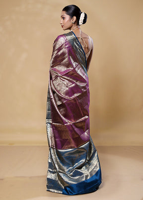 Violet Handloom Kora Pure Silk Saree With Blouse Piece