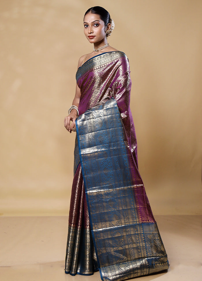 Violet Handloom Kora Pure Silk Saree With Blouse Piece