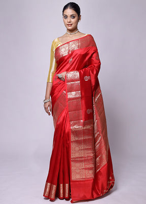 Red Handloom Dupion Pure Silk Saree With Blouse Piece