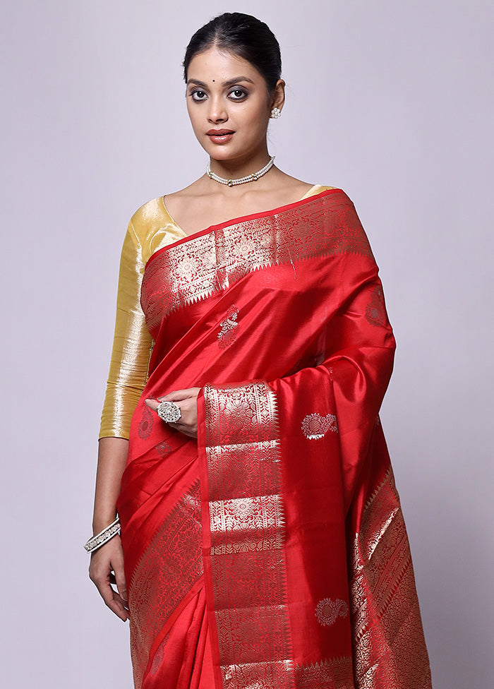 Red Handloom Dupion Pure Silk Saree With Blouse Piece