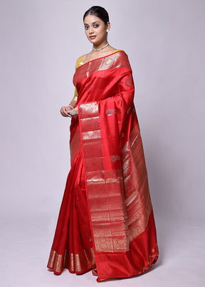 Red Handloom Dupion Pure Silk Saree With Blouse Piece