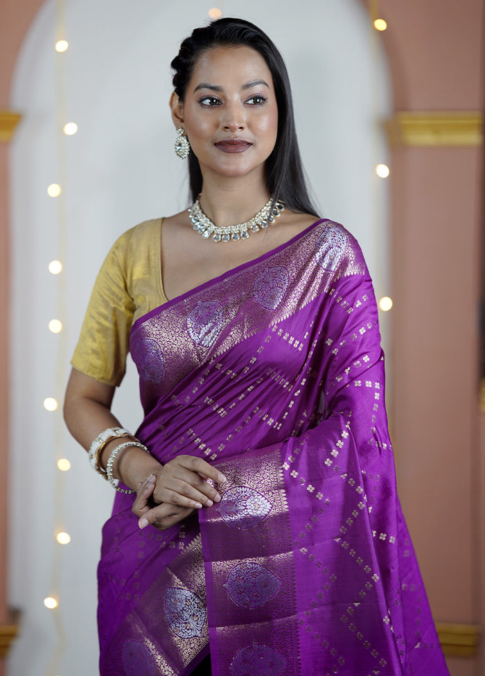 Purple Handloom Dupion Pure Silk Saree With Blouse Piece