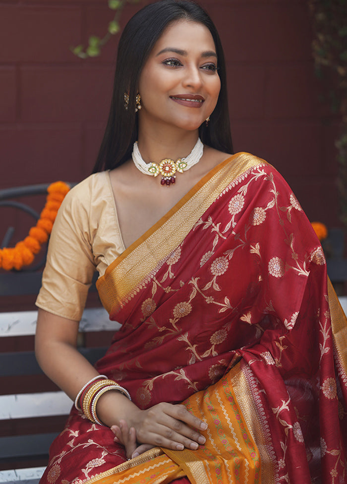 Red Handloom Dupion Pure Silk Saree With Blouse Piece