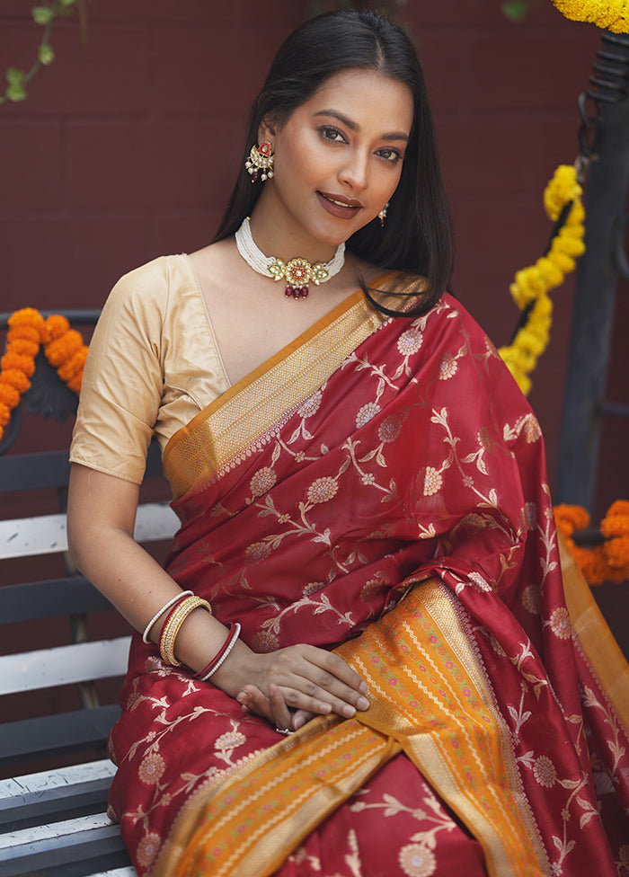 Red Handloom Dupion Pure Silk Saree With Blouse Piece