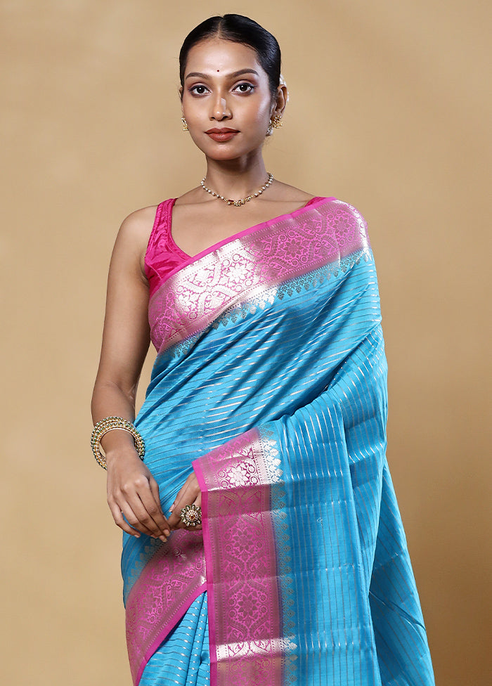 Blue Handloom Dupion Pure Silk Saree With Blouse Piece