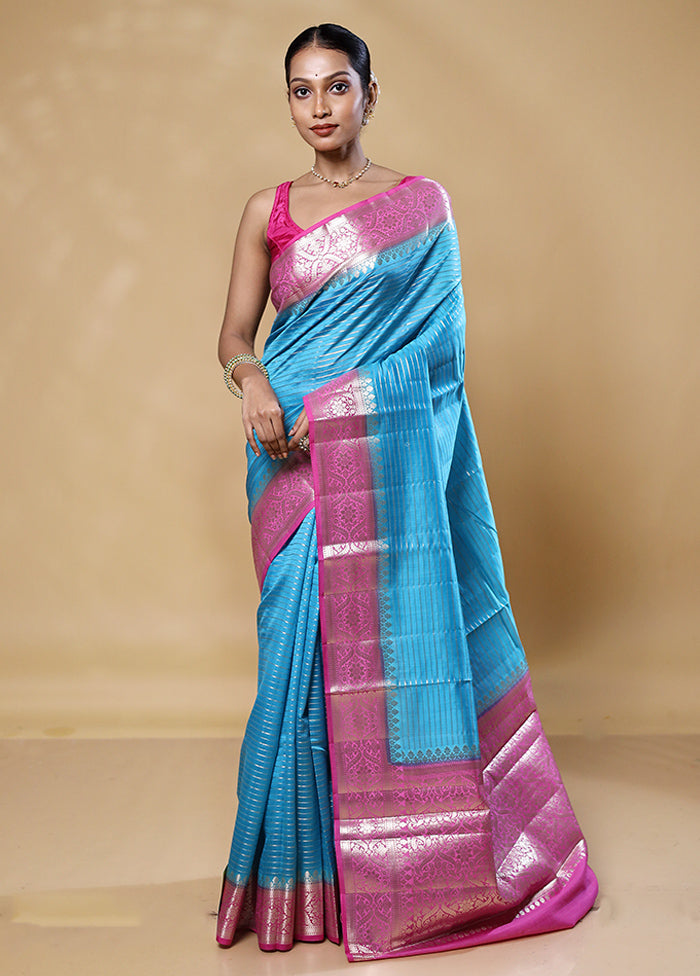 Blue Handloom Dupion Pure Silk Saree With Blouse Piece