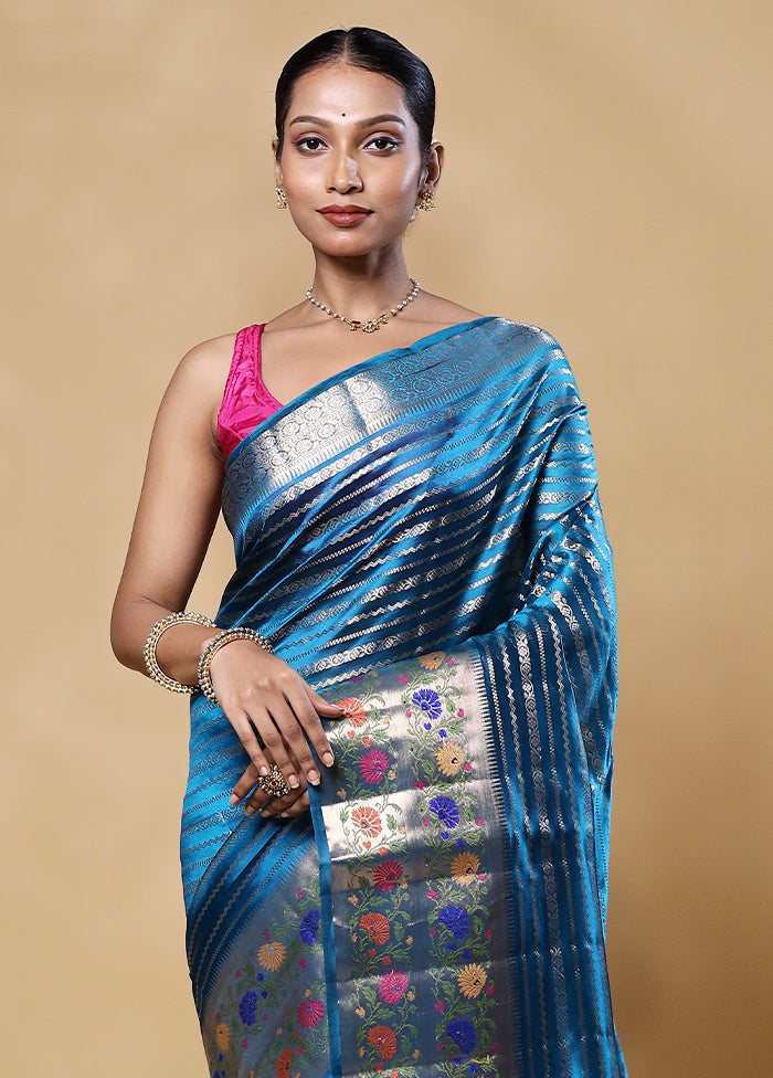 Blue Handloom Dupion Pure Silk Saree With Blouse Piece