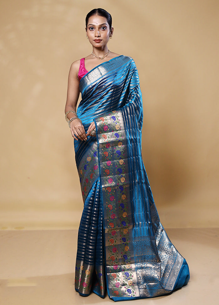 Blue Handloom Dupion Pure Silk Saree With Blouse Piece