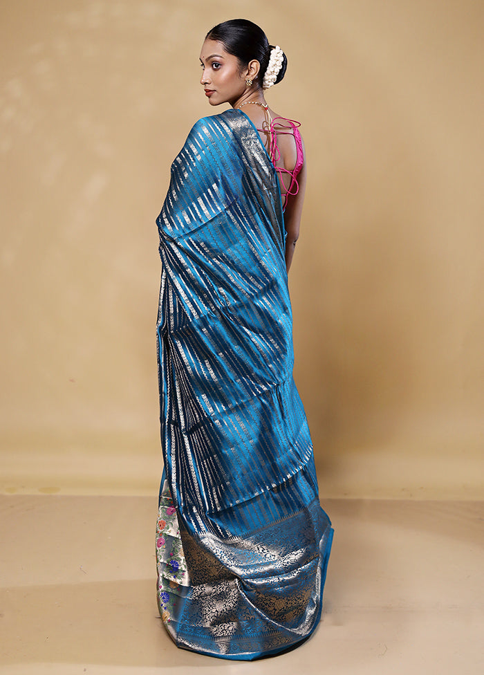 Blue Handloom Dupion Pure Silk Saree With Blouse Piece