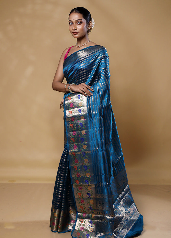 Blue Handloom Dupion Pure Silk Saree With Blouse Piece