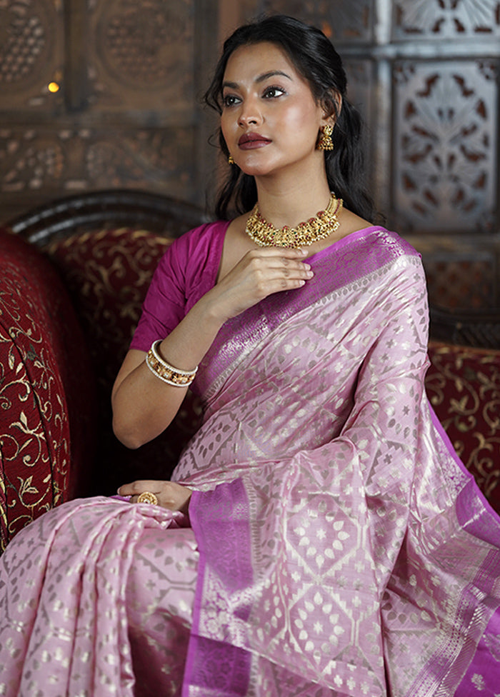 Pink Handloom Dupion Pure Silk Saree With Blouse Piece