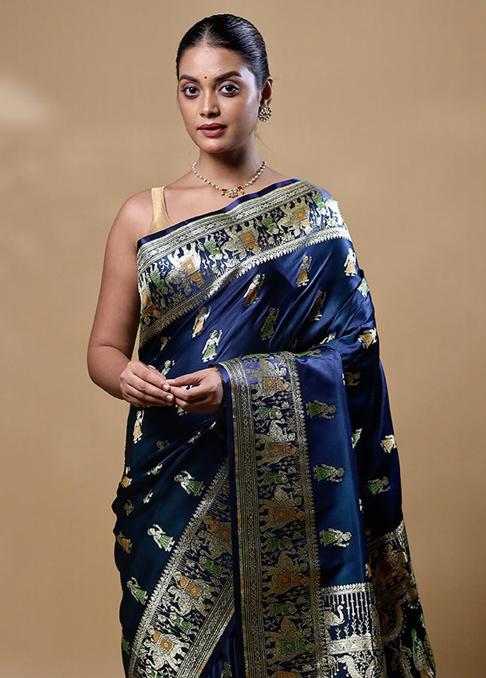 Blue Handloom Banarasi Pure Silk Saree With Blouse Piece