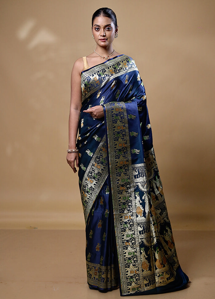 Blue Handloom Banarasi Pure Silk Saree With Blouse Piece