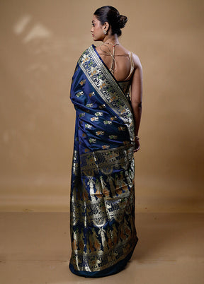 Blue Handloom Banarasi Pure Silk Saree With Blouse Piece